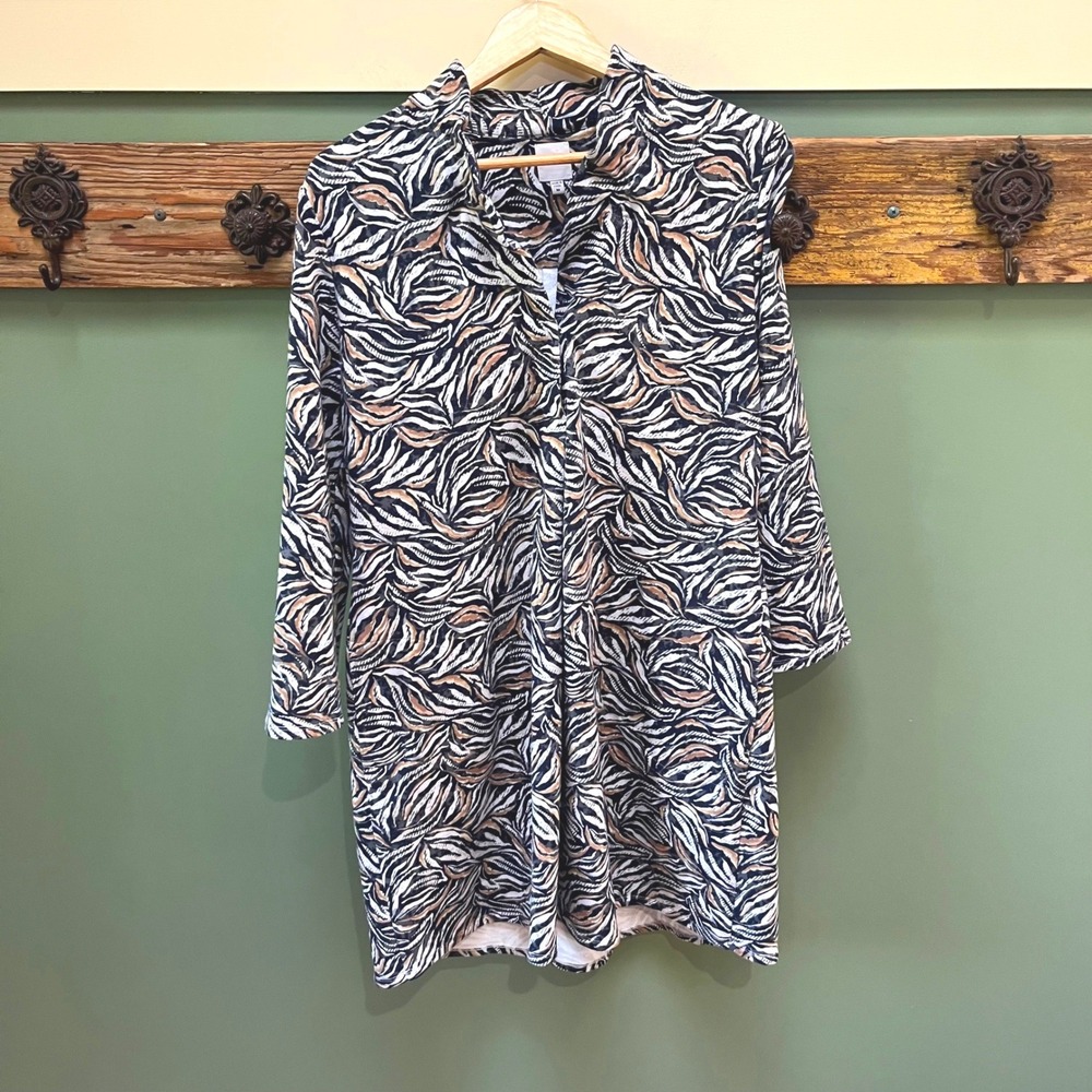 NIC+ZOE Forest Fern Print Button Front Shirt Dress Neutral Black Tan Medium